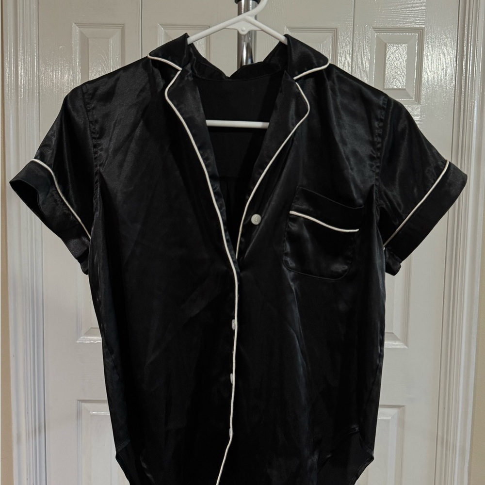 Black Satin Pajama Top with White Piping